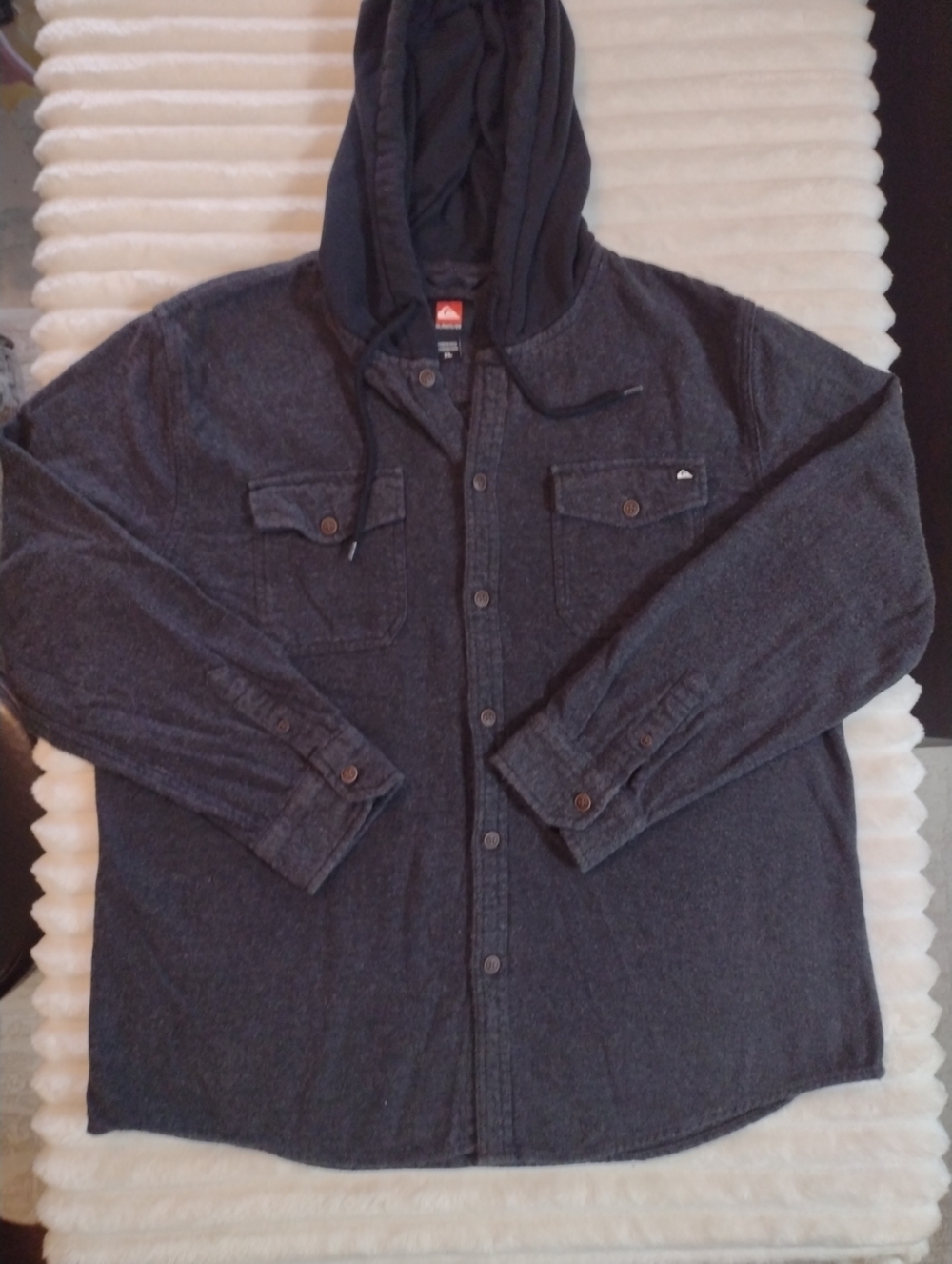 Vintage Quicksilver Men’s XL Black & Dark Grey Button Hoodie Surfer 80s 90s Y2K